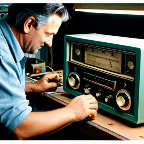 Home 11 **
"A professional technician carefully restoring a vintage analog radio, fully clothed, working at a workbench with tools and electronic components, safe for work, appropriate content, perfect anatomy, well-formed hands, professional lighting, modest workshop environment, family-friendly."
**