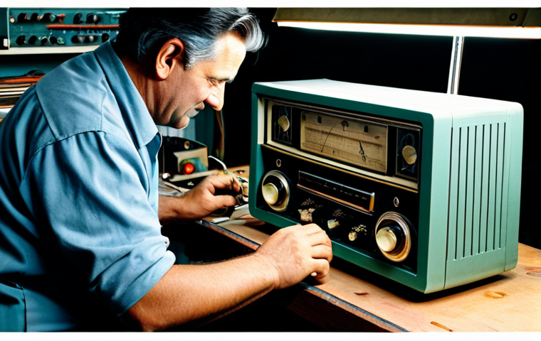 **

"A professional technician carefully restoring a vintage analog radio, fully clothed, working at a workbench with tools and electronic components, safe for work, appropriate content, perfect anatomy, well-formed hands, professional lighting, modest workshop environment, family-friendly."

**