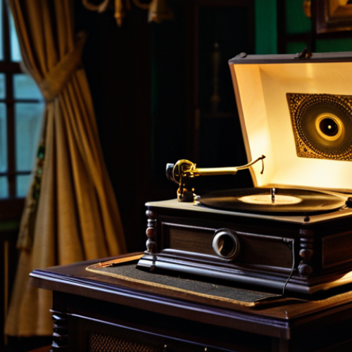 Home 6 A vintage gramophone playing a vinyl record in a dimly lit room. The room is filled with antique furniture and decorations. The scene evokes a sense of nostalgia and warmth, reminiscent of old Bengali movies where families gathered to listen to music together.
