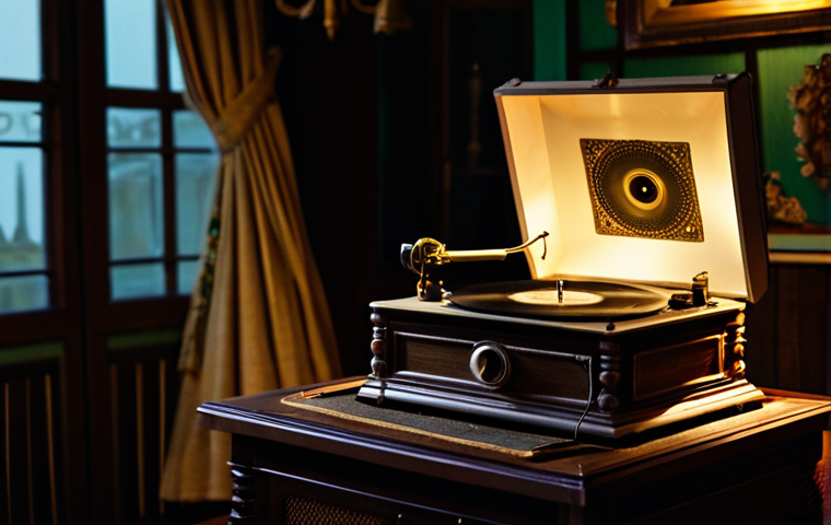 A vintage gramophone playing a vinyl record in a dimly lit room. The room is filled with antique furniture and decorations. The scene evokes a sense of nostalgia and warmth, reminiscent of old Bengali movies where families gathered to listen to music together.
