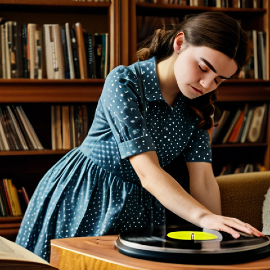 Vinyl Reverie**

A young woman with a thoughtful expression, fully clothed in a modest vintage dress, carefully placing a vinyl record on a turntable in a cozy, warmly lit living room. Bookshelves filled with records line the background. Safe for work, appropriate content, professional photography, perfect anatomy, natural proportions, well-formed hands.

**