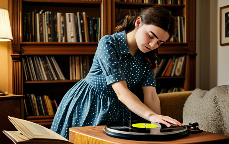 Vinyl Reverie**

A young woman with a thoughtful expression, fully clothed in a modest vintage dress, carefully placing a vinyl record on a turntable in a cozy, warmly lit living room. Bookshelves filled with records line the background. Safe for work, appropriate content, professional photography, perfect anatomy, natural proportions, well-formed hands.

**