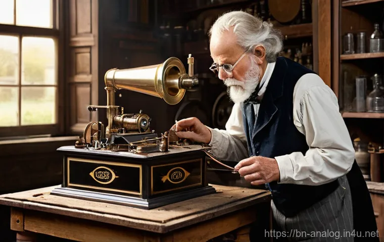 아날로그 오디오의 역사 - **Prompt 1: The Dawn of Recorded Sound**
    "A dimly lit, dusty workshop in the late 19th century. ...