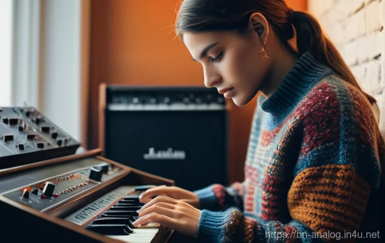 아날로그 합성기 - **Image Prompt 1: The Soulful Connection to Analog**
    A highly detailed, cinematic shot of a musi...