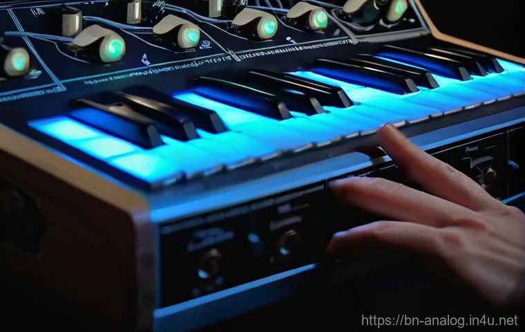 아날로그 합성기 - **Image Prompt 1: The Soulful Connection to Analog**
    A highly detailed, cinematic shot of a musi...