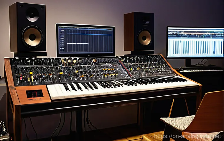 아날로그 합성기 - **Image Prompt 2: Sculpting Sound with Tactile Precision**
    A close-up, high-resolution shot focu...