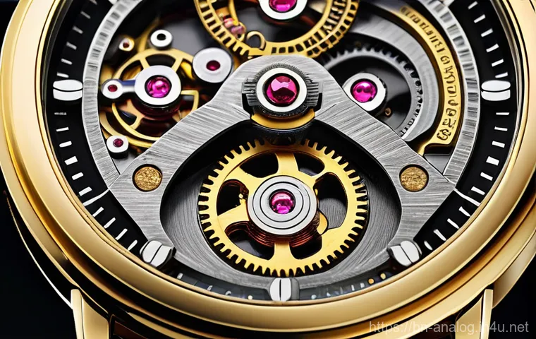 정밀 아날로그 시계 - **Prompt:** A hyper-realistic, macro-level close-up shot of the intricate mechanical movement of a v...