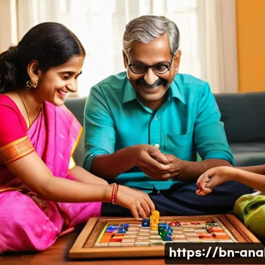 아날로그 게임 - A warm and lively family scene showing a multigenerational Bengali family sitting around a wooden ta...