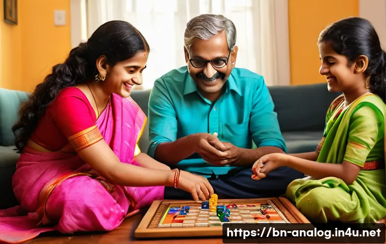 아날로그 게임 - A warm and lively family scene showing a multigenerational Bengali family sitting around a wooden ta...