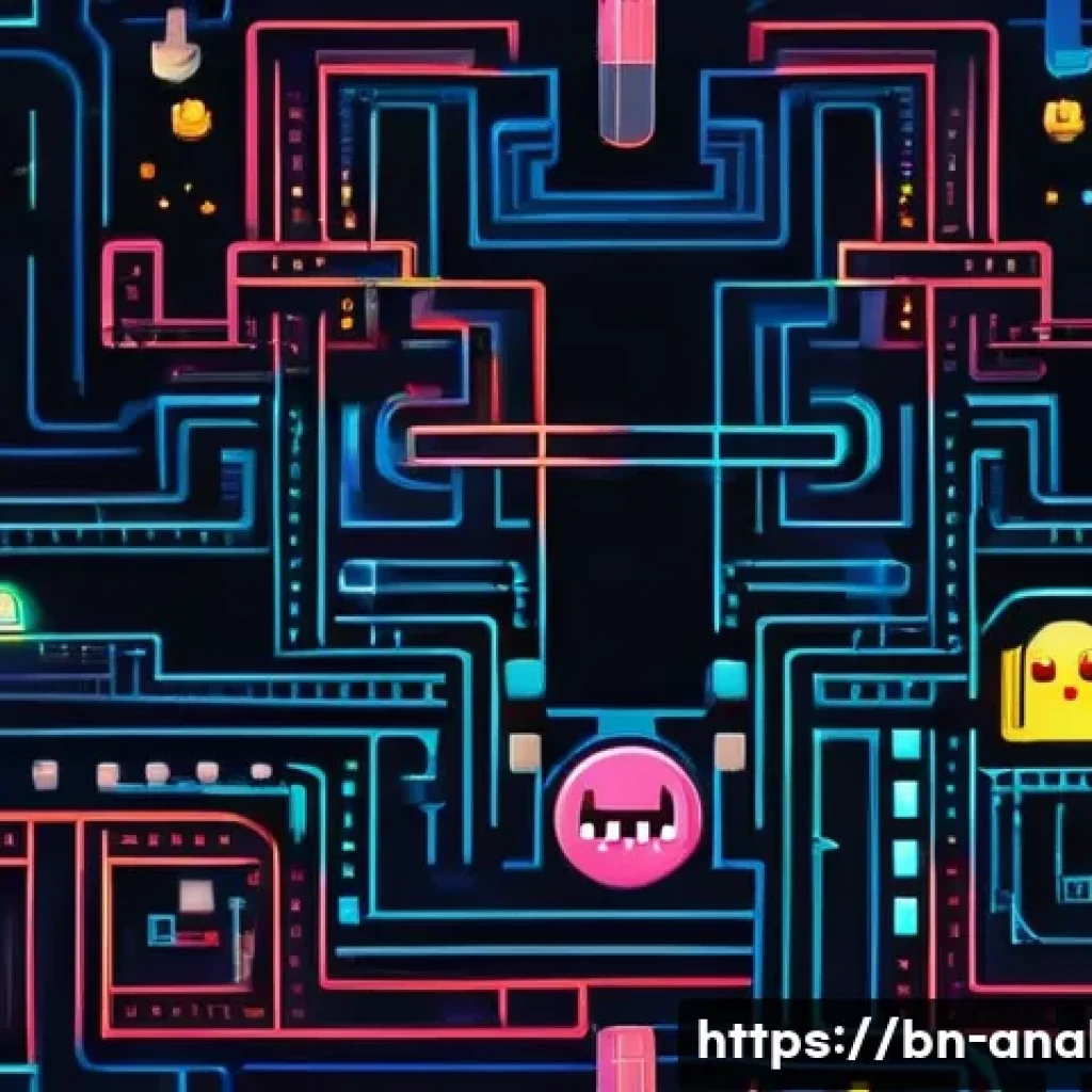 레트로 아날로그 게임 - A vibrant pixel art scene inspired by classic 8-bit retro games, featuring a colorful maze reminisce...