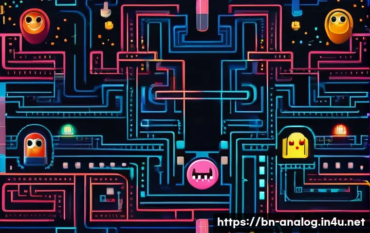 레트로 아날로그 게임 - A vibrant pixel art scene inspired by classic 8-bit retro games, featuring a colorful maze reminisce...