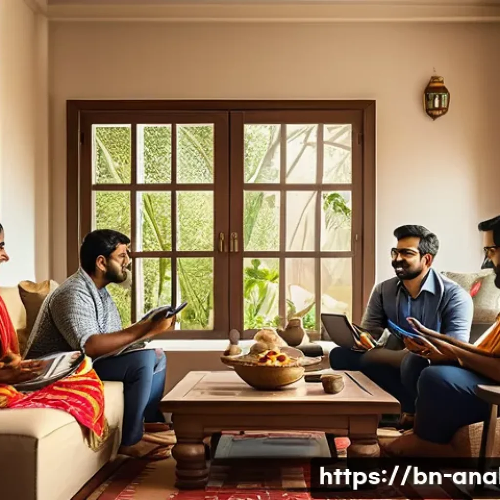 디지털화가 아날로그를 대체하는 이유 - A modern Bengali family in a cozy living room using various digital devices such as smartphones, lap...