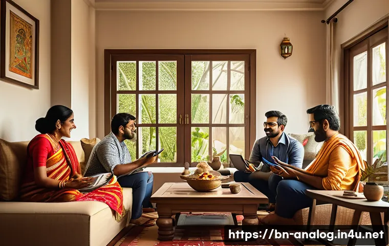 디지털화가 아날로그를 대체하는 이유 - A modern Bengali family in a cozy living room using various digital devices such as smartphones, lap...