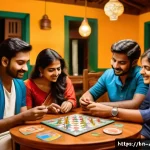 아날로그 보드게임 룰 - A cozy indoor scene showing a diverse group of Bengali friends around a table playing a board game. ...