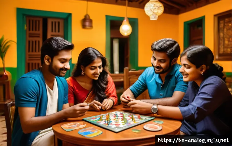 아날로그 보드게임 룰 - A cozy indoor scene showing a diverse group of Bengali friends around a table playing a board game. ...