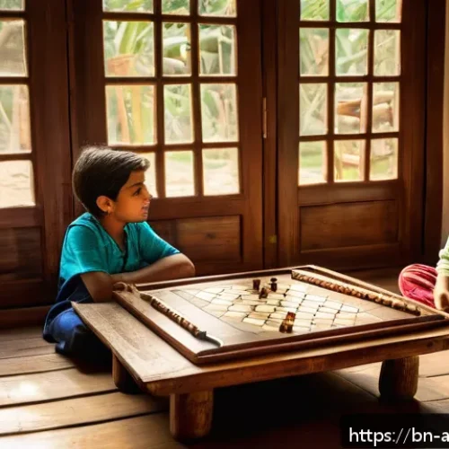 클래식 아날로그 게임 - A warm, nostalgic scene of Bengali children playing traditional board games indoors on a wooden floo...