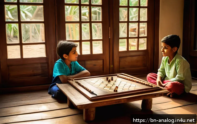 클래식 아날로그 게임 - A warm, nostalgic scene of Bengali children playing traditional board games indoors on a wooden floo...