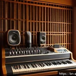 아날로그 음성 신호 - A cozy, small home recording studio with analog microphones and vintage soundboards surrounded by so...