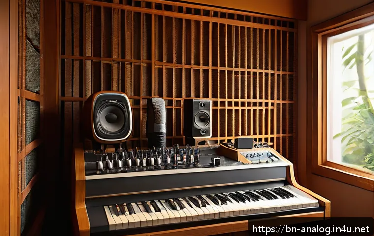아날로그 음성 신호 - A cozy, small home recording studio with analog microphones and vintage soundboards surrounded by so...