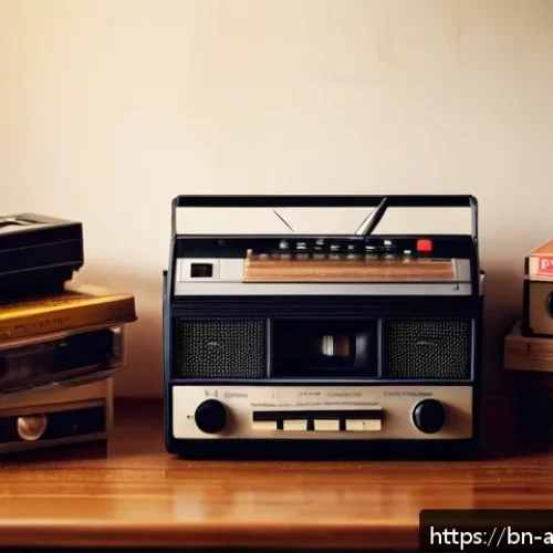 아날로그 레코딩 장비 - A cozy vintage music room featuring an old analog cassette recorder on a wooden table, surrounded by...