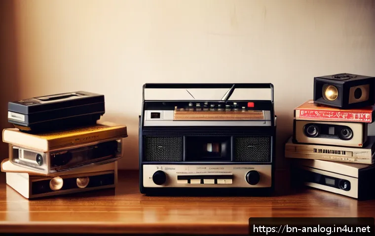 아날로그 레코딩 장비 - A cozy vintage music room featuring an old analog cassette recorder on a wooden table, surrounded by...