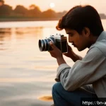 아날로그 카메라와 디지털 카메라의 차이 - A nostalgic analog photography scene featuring a vintage film camera held by a person wearing casual...