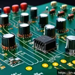 아날로그 필터 디자인 - A detailed, realistic illustration of an analog low-pass filter circuit board, featuring high-qualit...