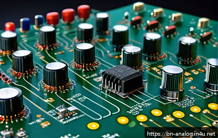 아날로그 필터 디자인 - A detailed, realistic illustration of an analog low-pass filter circuit board, featuring high-qualit...