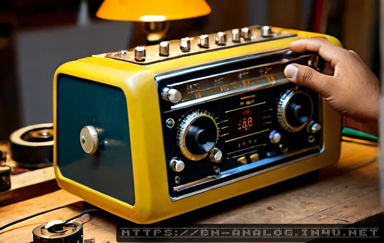 Home 17 고장 난 아날로그 기기 수리 - Photorealistic close-up of a skilled repair technician restoring a broken vintage analog tabletop ra...