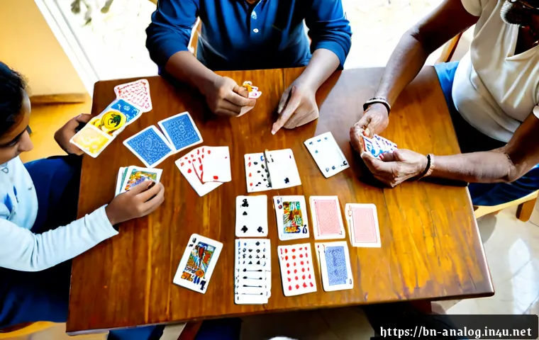 아날로그 카드 게임 - Photorealistic overhead view of a family playing an analog card game at a warm wooden dining table, ...