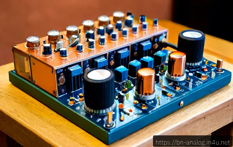 아날로그 오디오 필터 - Photorealistic close-up of a handcrafted analog audio filter circuit on a clean wooden workbench, vi...